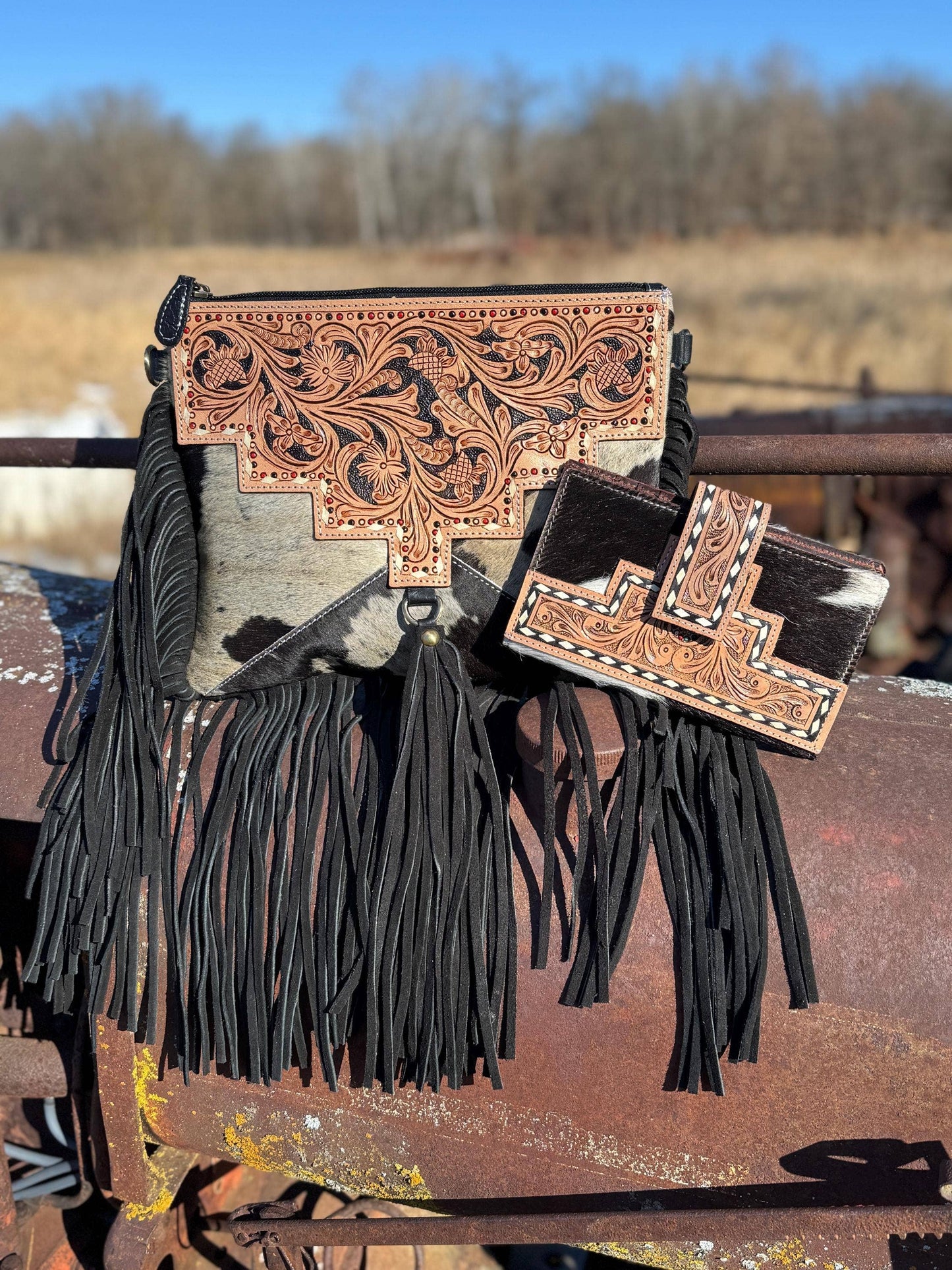 Genuine Western Cowhide Leather Purse and Wallet with details and fringe by Double B Wild Rags: Black