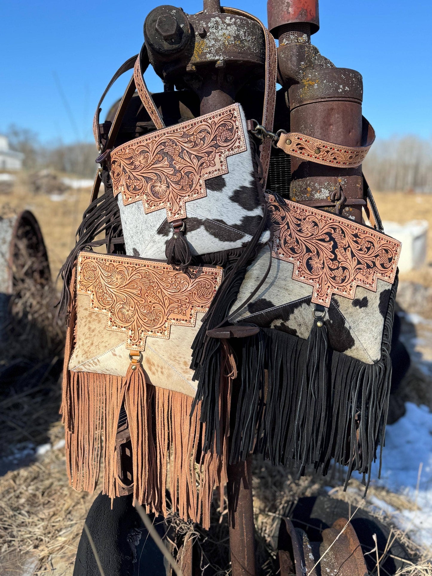 Genuine Western Cowhide Leather Purse and Wallet with details and fringe by Double B Wild Rags: Black