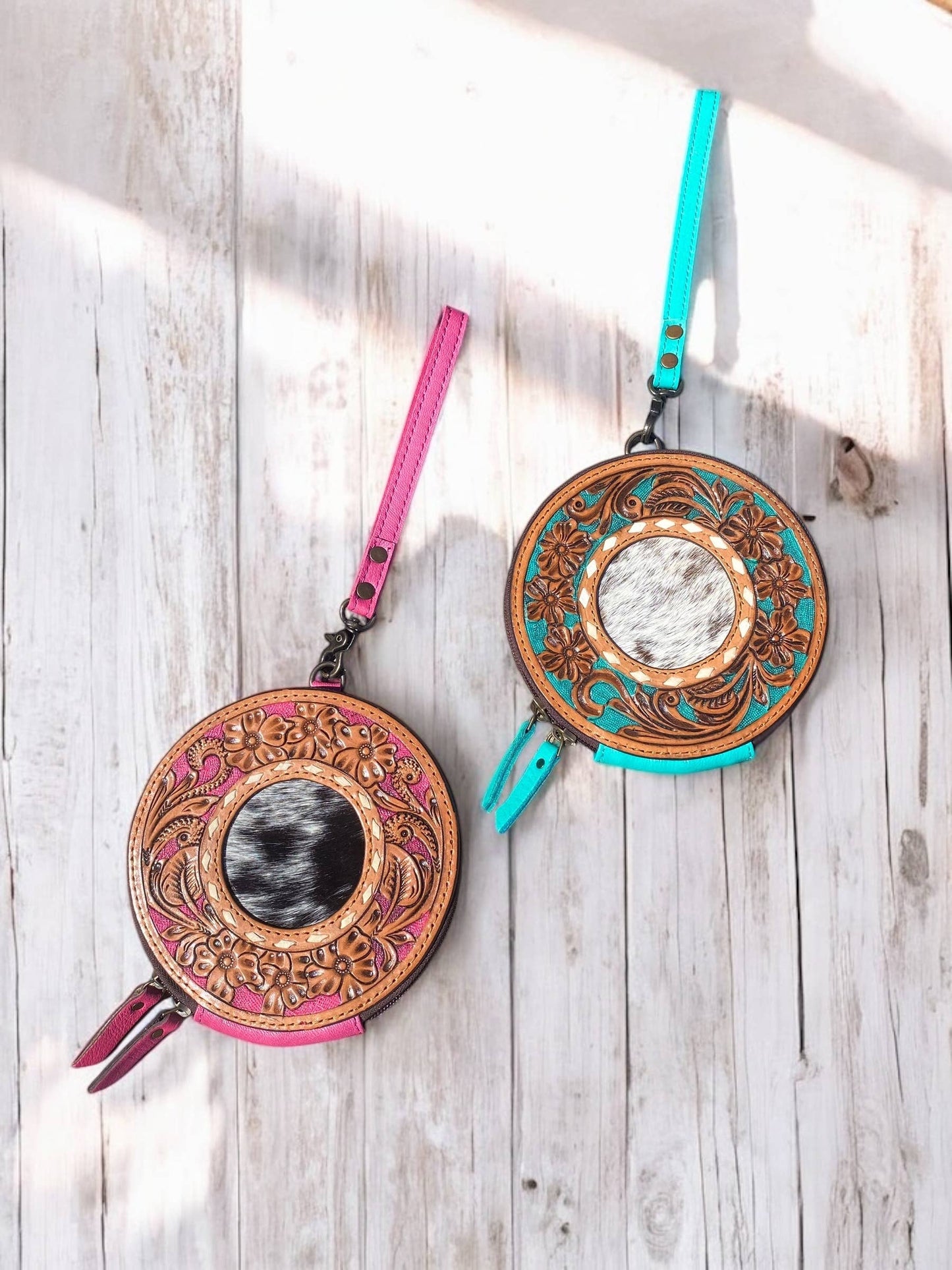 Cowhide Tooled Leather Round Wristlet    : Pink