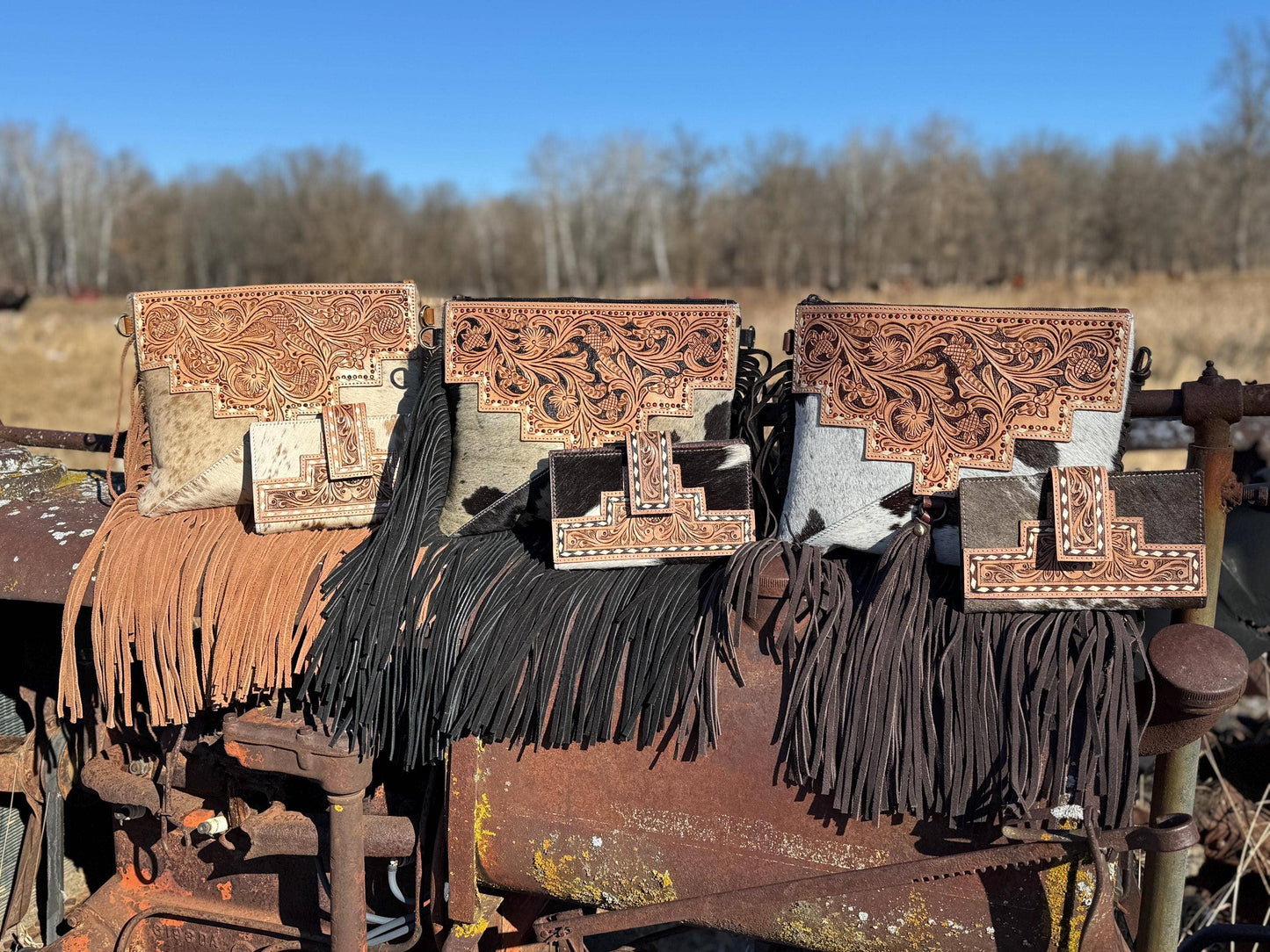 Genuine Western Cowhide Leather Purse and Wallet with details and fringe by Double B Wild Rags: Black