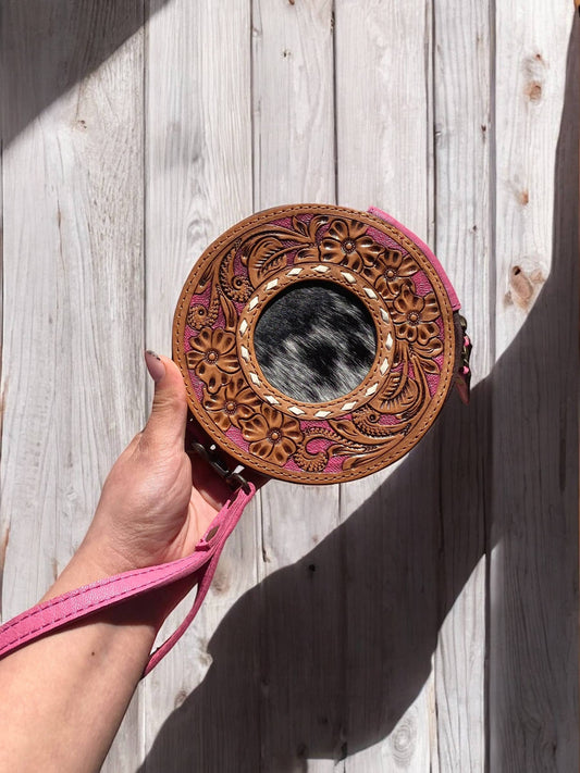 Cowhide Tooled Leather Round Wristlet    : Pink