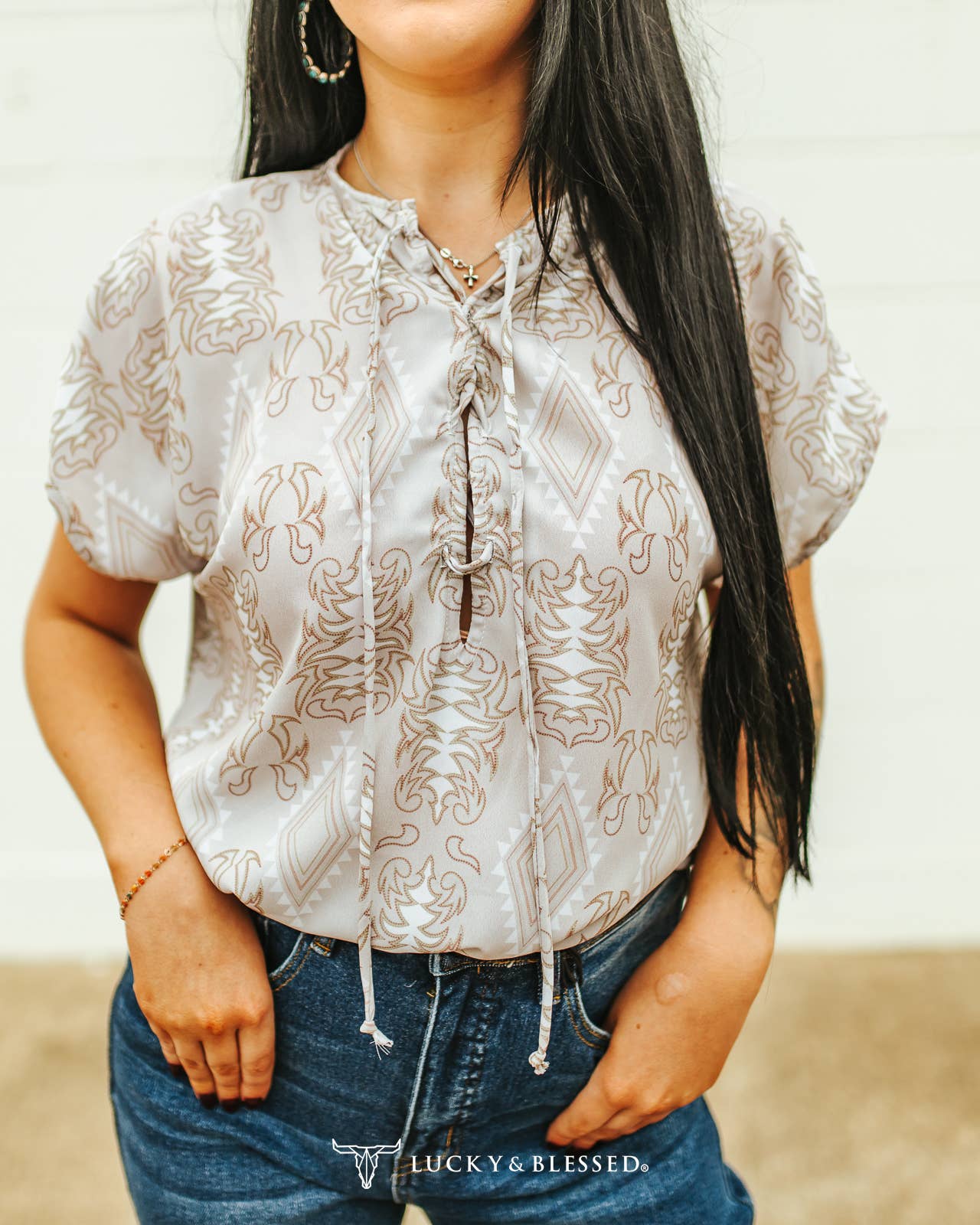Ivory Boot Stitch Printed Front Tie Short Sleeve Top