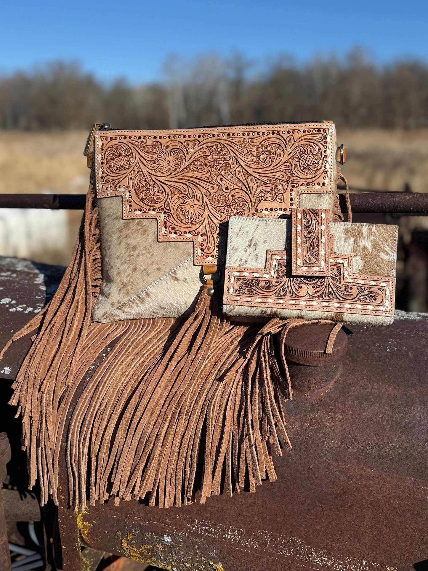 Genuine Western Cowhide Leather Purse and Wallet with details and fringe by Double B Wild Rags: Black