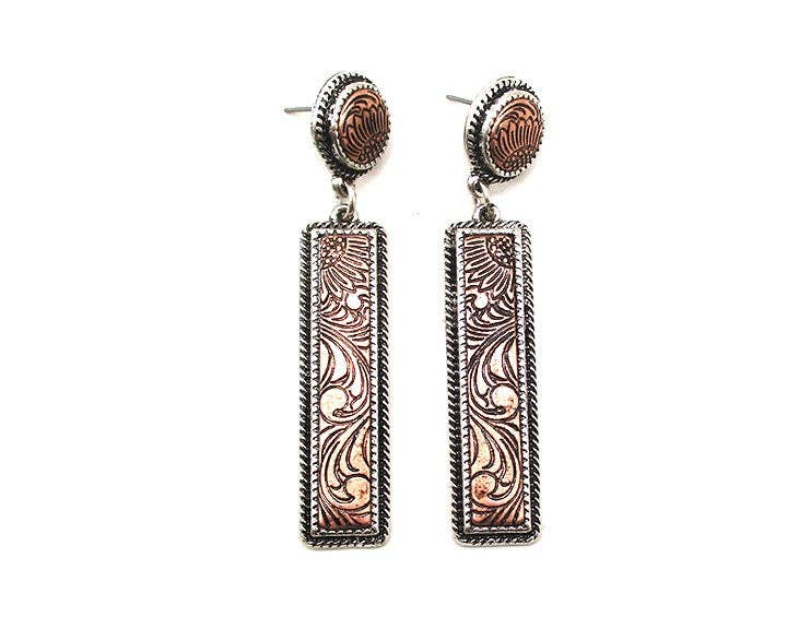 WESTERN BAR ENGRAVED DANGLE EARRINGS: Silver
