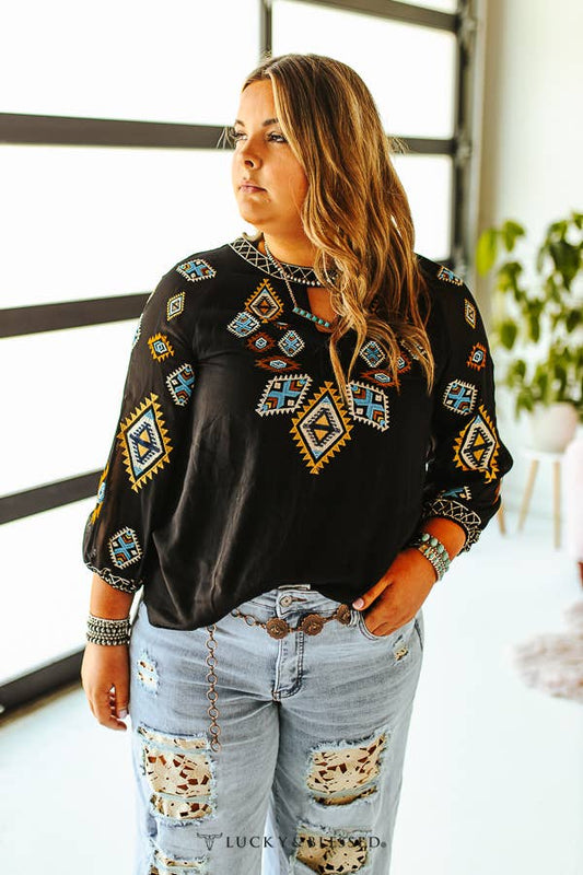Black Aztec Embroidered Chiffon Keyhole Top