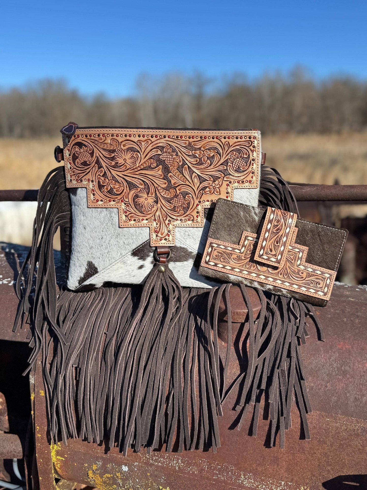 Genuine Western Cowhide Leather Purse and Wallet with details and fringe by Double B Wild Rags: Black