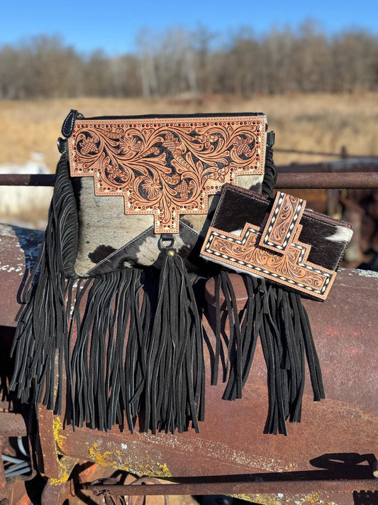 Genuine Western Cowhide Leather Purse and Wallet with details and fringe by Double B Wild Rags: Black