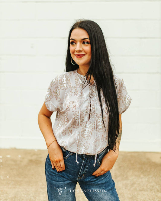 Ivory Boot Stitch Printed Front Tie Short Sleeve Top