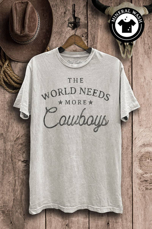 The World Needs More Cowboys Graphic Top: Off White Mineral Wash