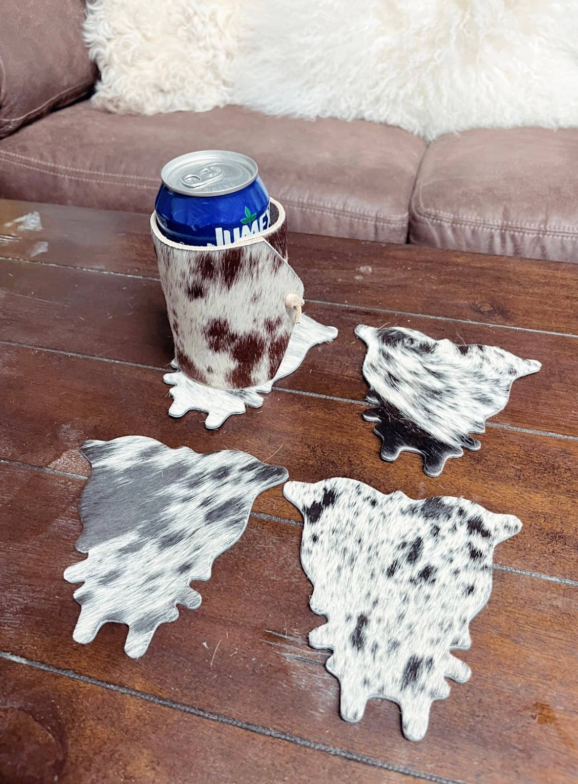 Cowhide Shaped Coasters - 4pc Set: Brown & white