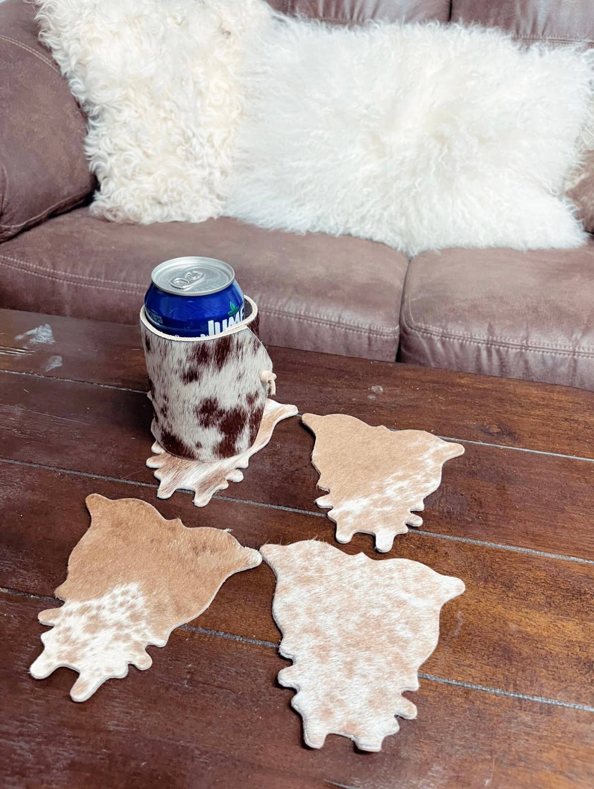 Cowhide Shaped Coasters - 4pc Set: Brown & white